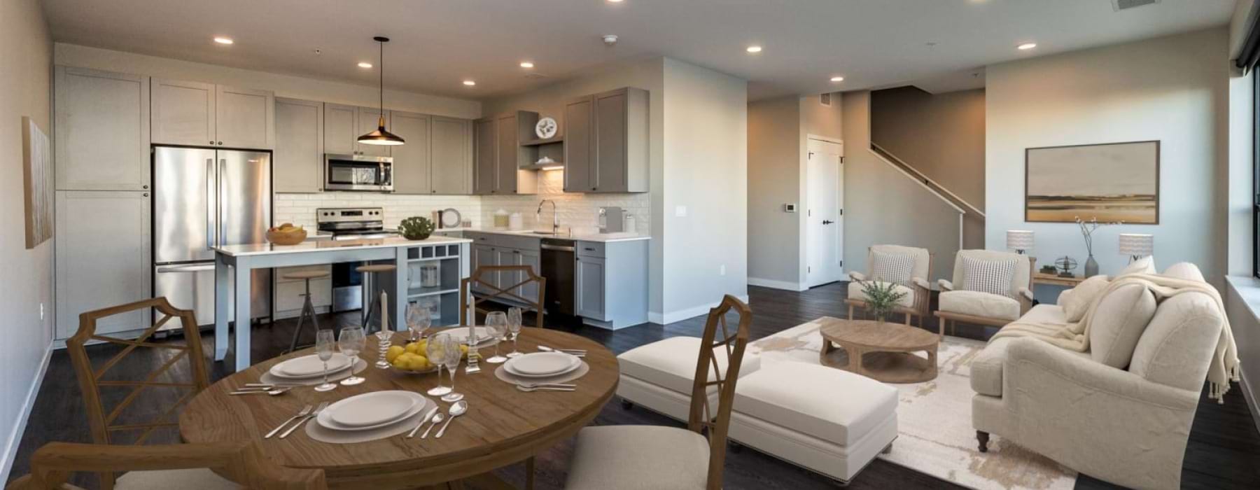 open living area with kitchen dining room and living room