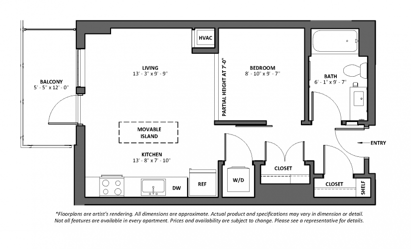 Accelerando 2 - Balcony - 1 bedroom floorplan layout with 1 bathroom and 558 square feet