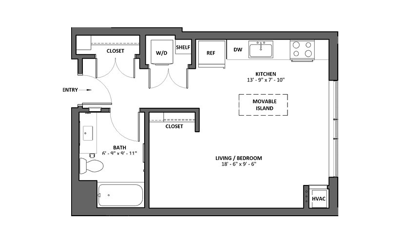 Adagio - Studio floorplan layout with 1 bathroom and 506 square feet