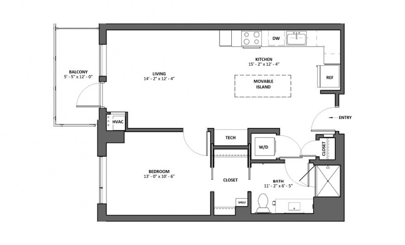 Basso - Balcony + Glass Shower - 1 bedroom floorplan layout with 1 bathroom and 731 square feet