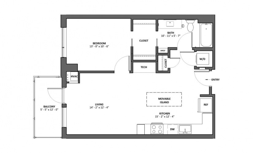 Basso - Balcony + Soaker Tub - 1 bedroom floorplan layout with 1 bathroom and 731 square feet