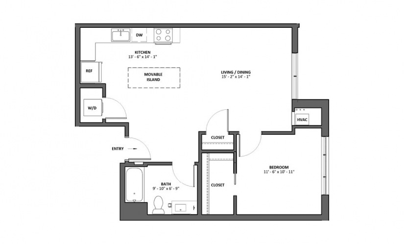 Bravura - 1 bedroom floorplan layout with 1 bathroom and 688 square feet