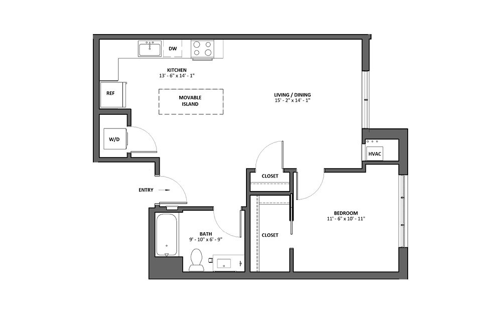 Bravura - 1 bedroom floorplan layout with 1 bath and 688 square feet.