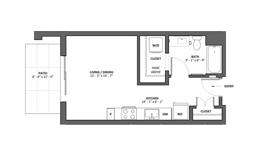 Miscella - Patio - Studio floorplan layout with 1 bathroom and 427 square feet