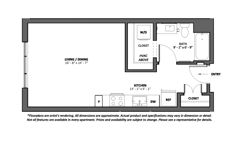 Misura - Studio floorplan layout with 1 bathroom and 496 square feet