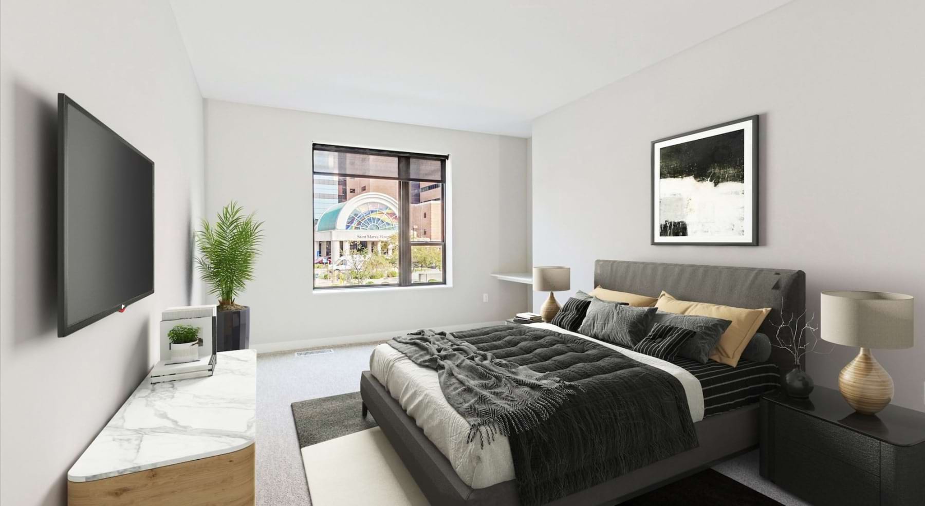 bedroom with bed tv and dresser