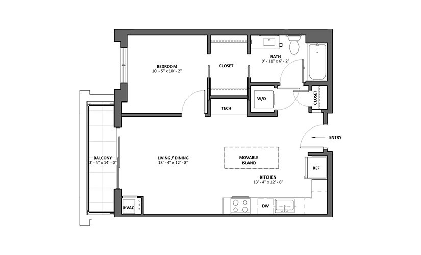 Brio B 1 Bed 1 Bath Floorplan