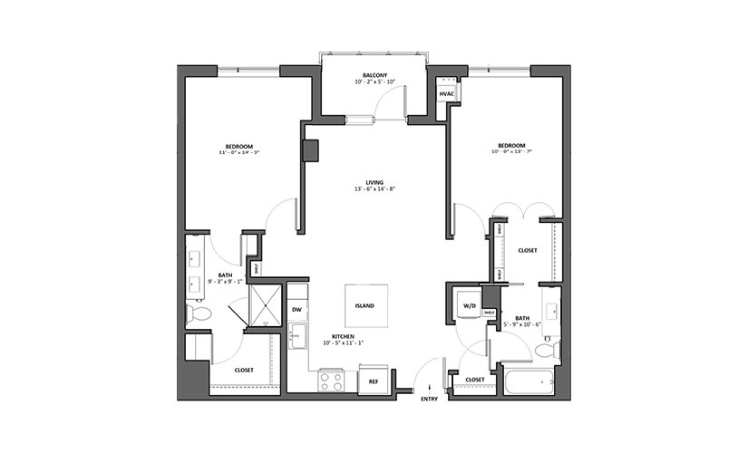 Clef 2 Bed 2 Bath Floorplan
